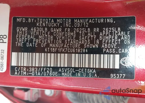 2012 Toyota Camry Se Limited Edition z USA, uszkodzony, nr VIN 4T1BF1FK7CU618284